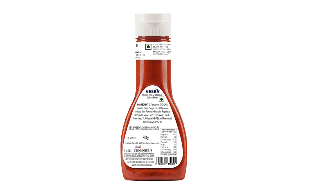 Veeba Marinara Pizza & Pasta Sauce   Plastic Bottle  310 grams